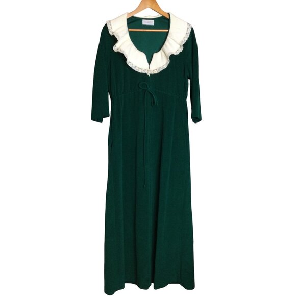 Vassarette Vintage House Coat Dress Dark Green Lace Collar Made In USA Empire Wa